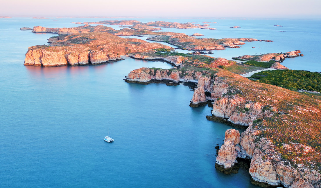 Aerial view of rugged coastline and islands in the Kimberleys